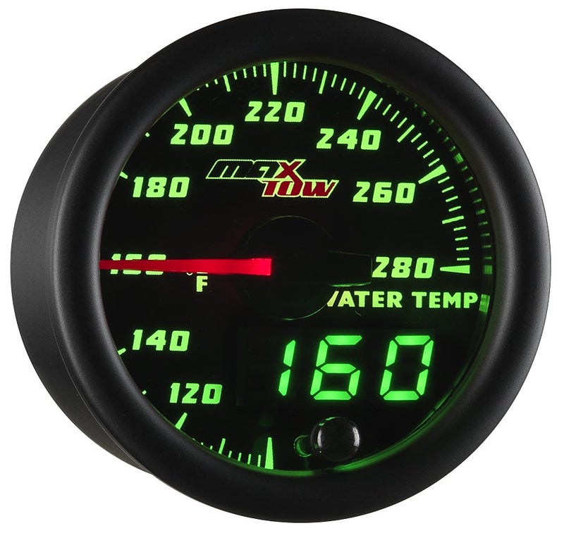 MaxTow Double Vision 280 F Water Coolant Temperature Gauge Kit - Includes Electronic Sensor - Black Gauge Face - Green LED Illuminated Dial - Analog & Digital Readouts - for Trucks - 2-1/16" 52mm - Image 1